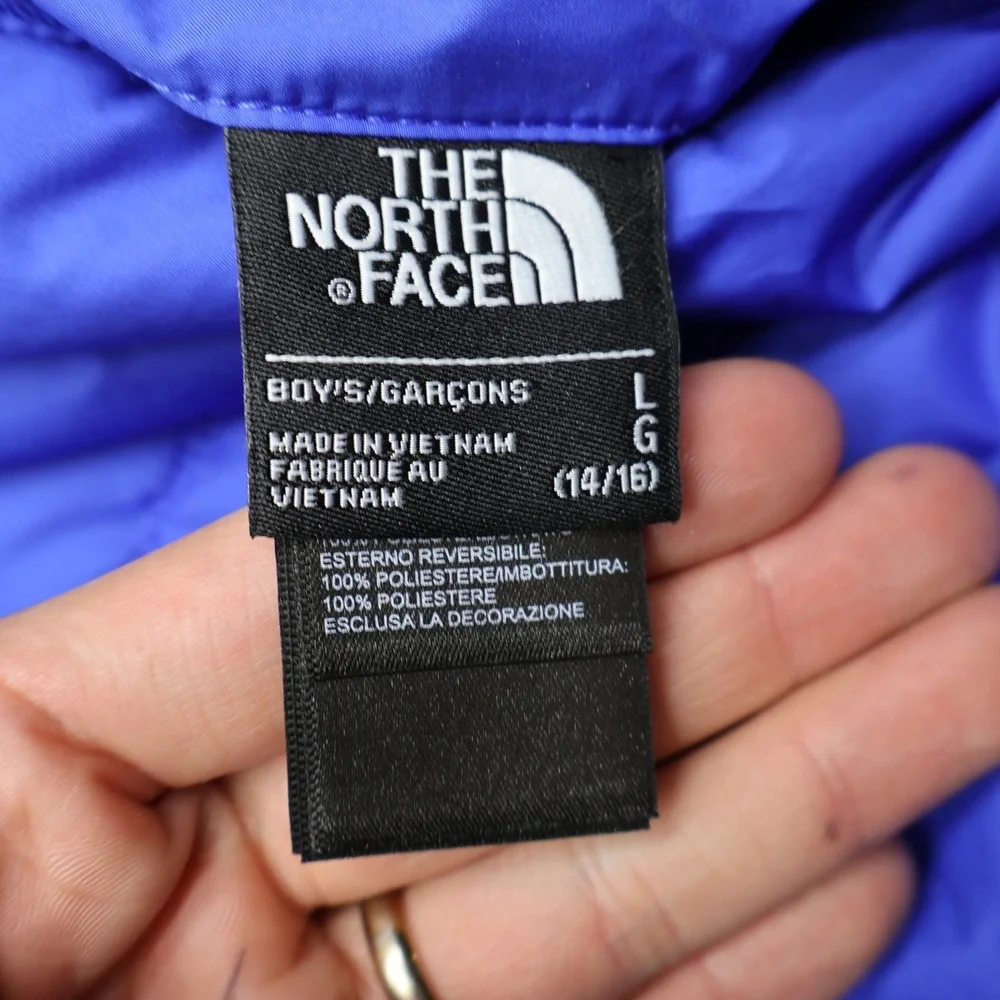 North Face Boys Large 14/16 Blue Reversible Hooded Fleece Lined Insulated Puffer